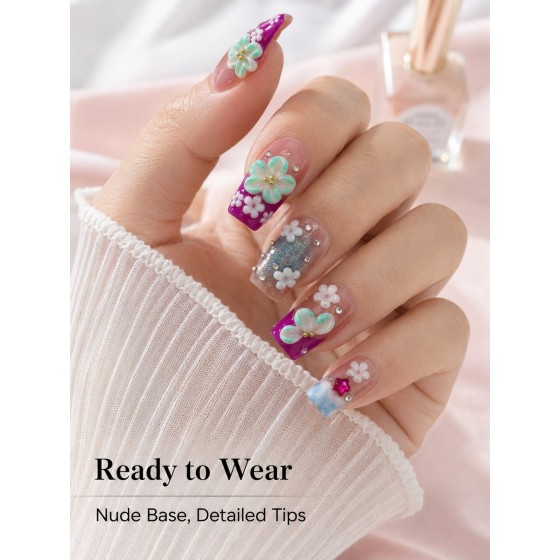 Purple Contrast 3D Floral Press‑On Nails, Medium‑Long Tapered False Nails with Glitter Powder, Rhinestones & Star Gem